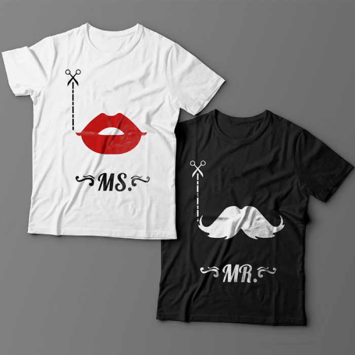 Парные футболки для влюбленных с изображениями губ и усов и надписями "Mr" и "Ms"